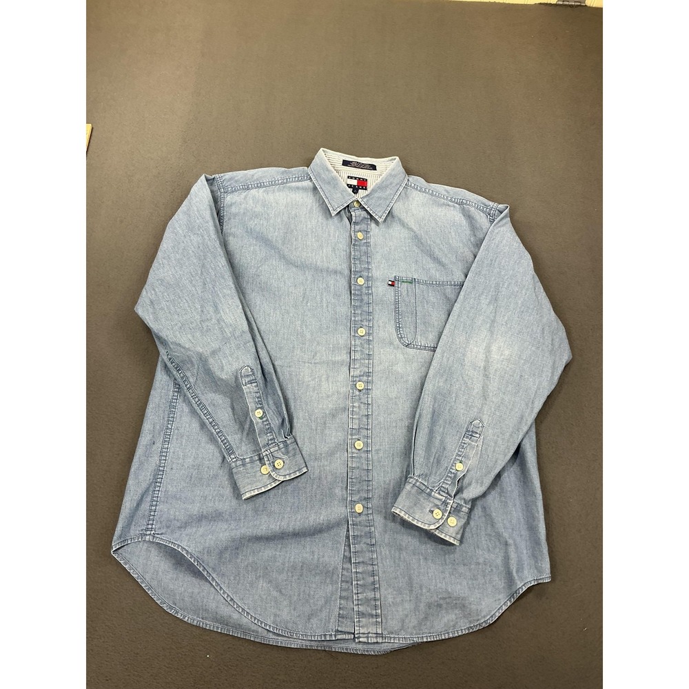 Tommy Hilfiger Denim Shirt Mens Large Blue Long Sleeve Button Down Flag Logo 90s